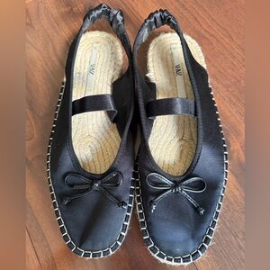 ZARA Ballerina Sling Back Espadrilles Flats Black Satin Size 7 38eu